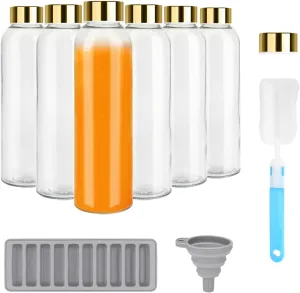 Zukro Glass Water Bottles with Lids 18 oz, Reusable Juice Bottles for Juicing, Leak Proof Juice Storage Containers for Fridge, Clear Drinking Jars With Stainless Steel Caps, BPA Free, Set of 6 Gold